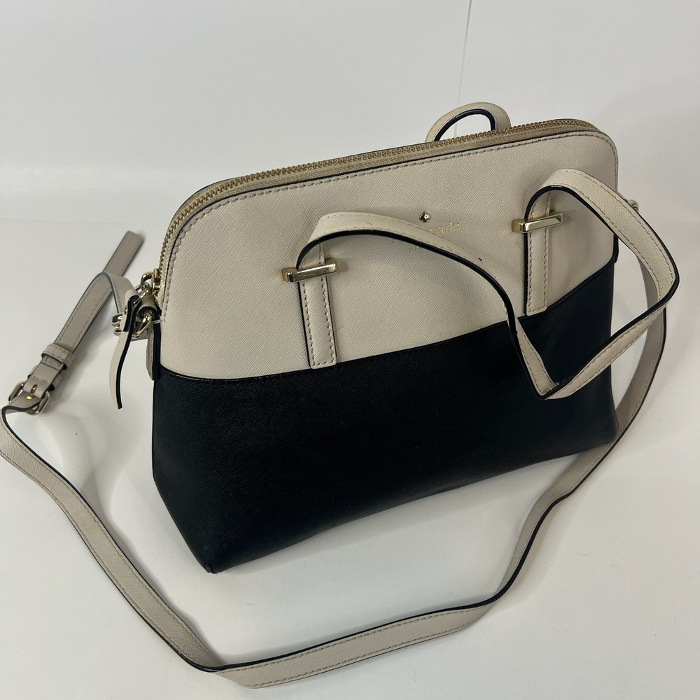 Kate Spade Satchel Handbag Two Tone Black Cream Leather Gold Hardware Crossbody